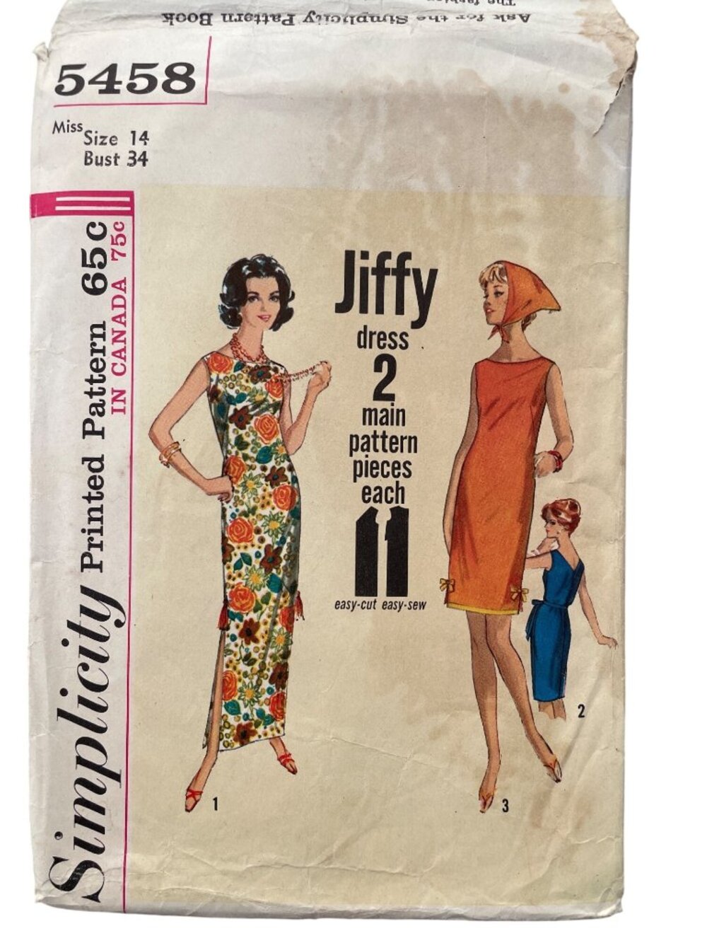 Vintage 60s Simplicity 5458 Jiffy Sewing Pattern Size 14 Misses Dress Retro CUT